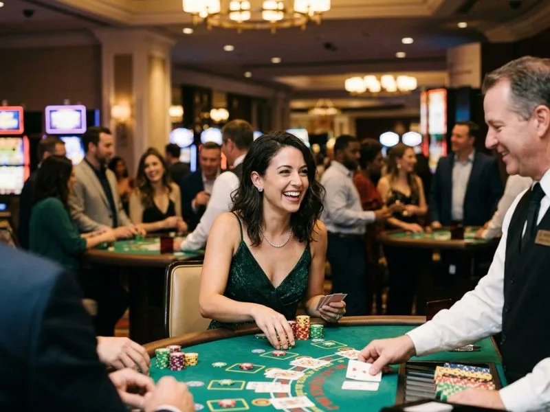 Woman enjoying a luxurious casino lounge with BMY888 online casino