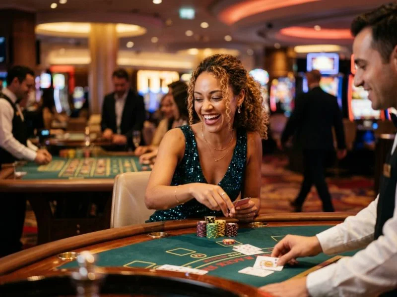 Woman enjoying a sophisticated casino night with BMY888 online casino