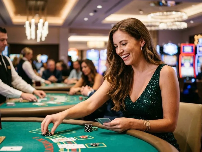 Woman smiling under glowing casino lights with BMY888 online casino
