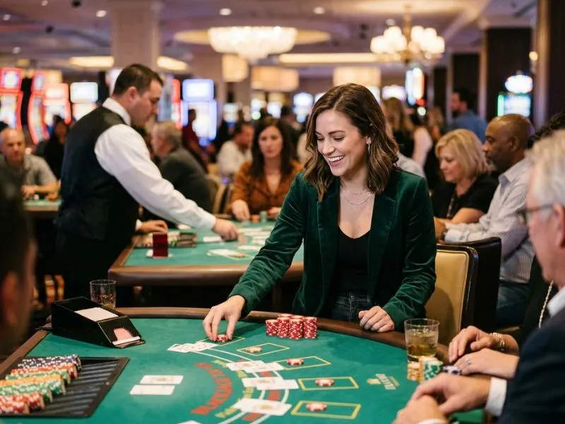 Woman smiling while placing casino chips with BMY888 online casino