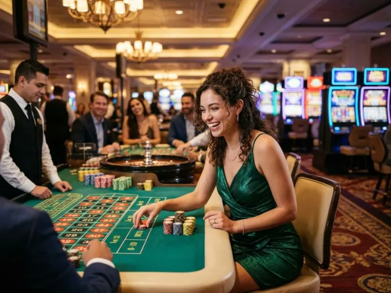 Happy woman collecting casino chips with FHM63 online casino login