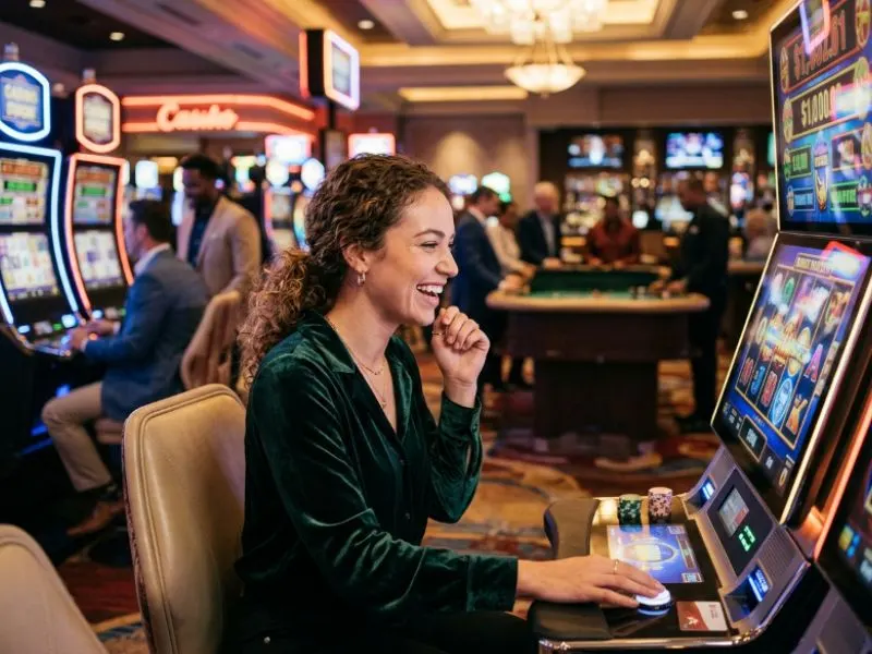 Woman enjoying a colorful slot machine with FHM63 online casino login