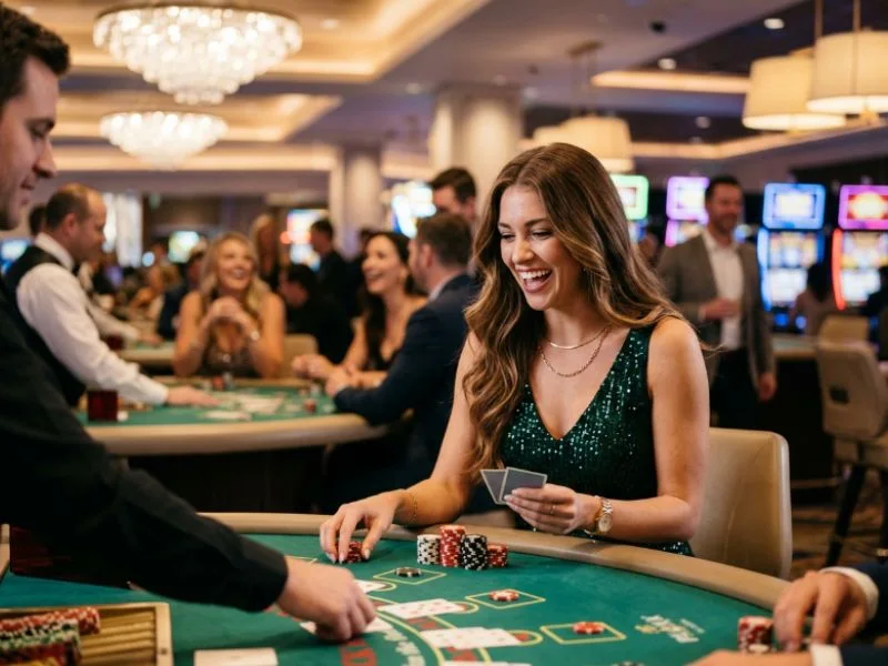 Woman reacting excitedly to a winning number with FHM63 online casino login