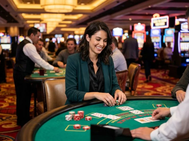 Woman smiling while placing casino chips with FHM63 online casino login