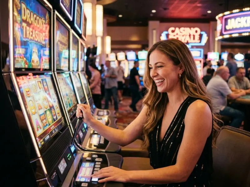 Woman celebrating a big slot machine win with LodiSlot 777 casino online