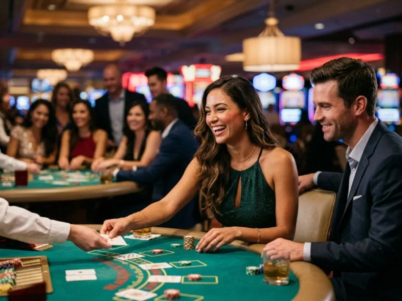 Woman cheering at a blackjack table with LodiSlot 777 casino online