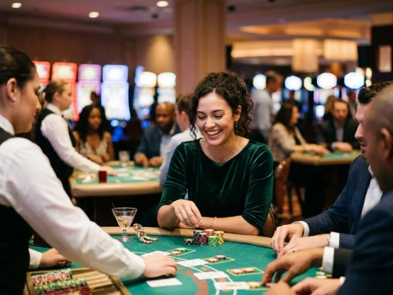 Woman reacting excitedly to a winning number with LodiSlot 777 casino online