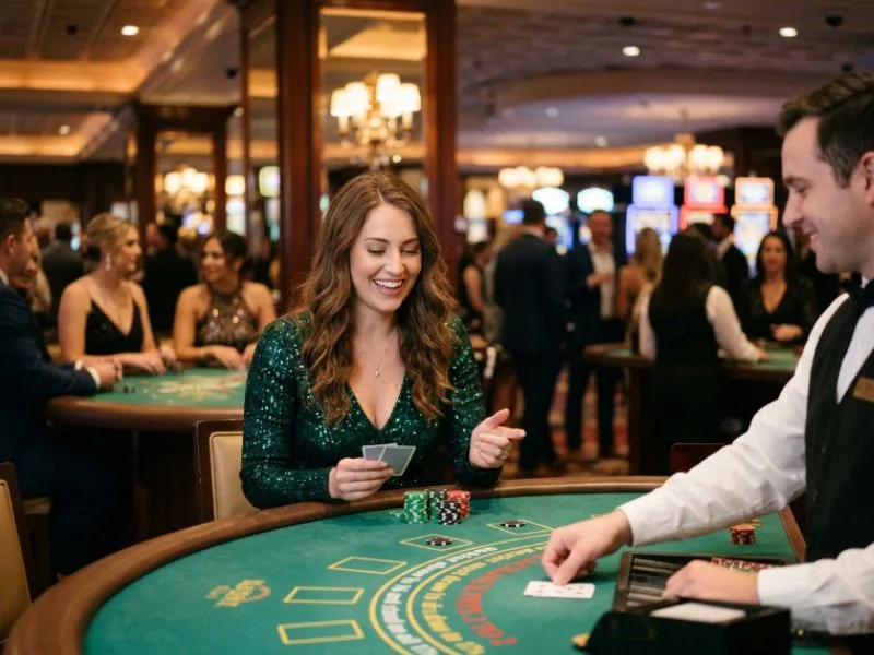 Woman smiling with winning poker cards at LodiSlot 777 casino