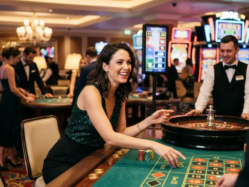 Woman celebrating with friends at a casino with Manny Pacquiao casino online
