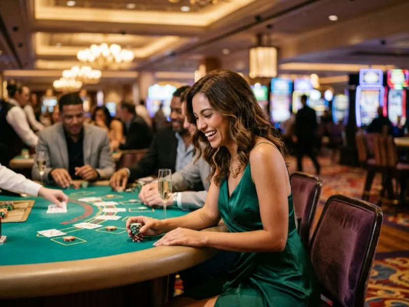 Woman enjoying a social casino evening with Manny Pacquiao casino online