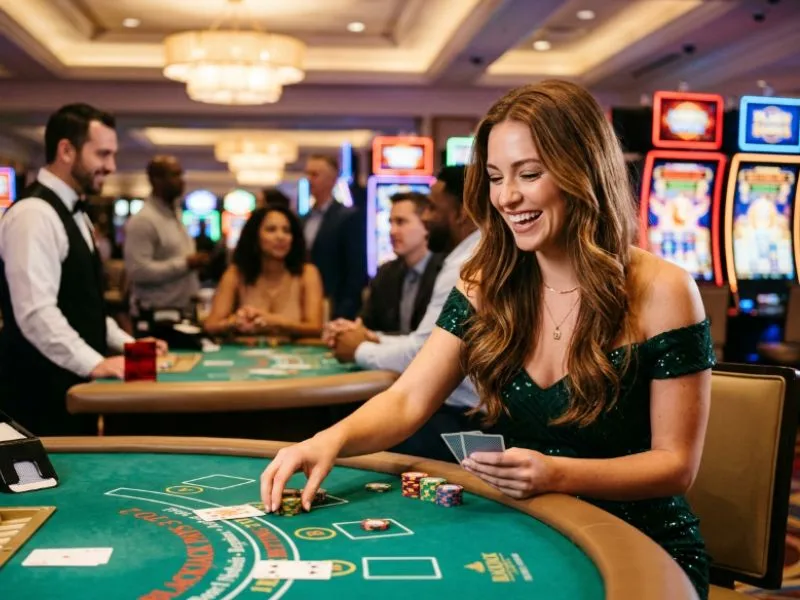Woman enjoying a glamorous casino atmosphere at Manny Pacquiao casino online