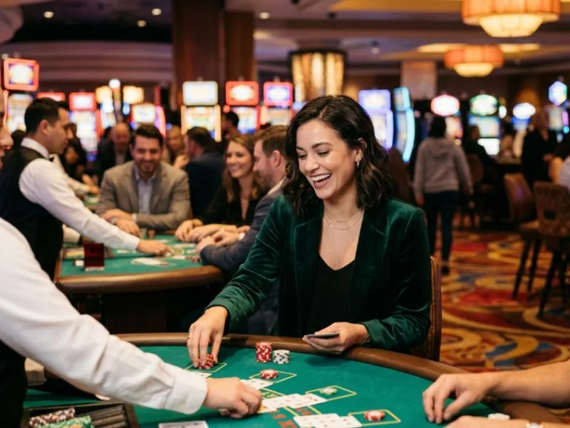 Woman playing cards under luxurious casino lights with the Manny Pacquiao online casino app
