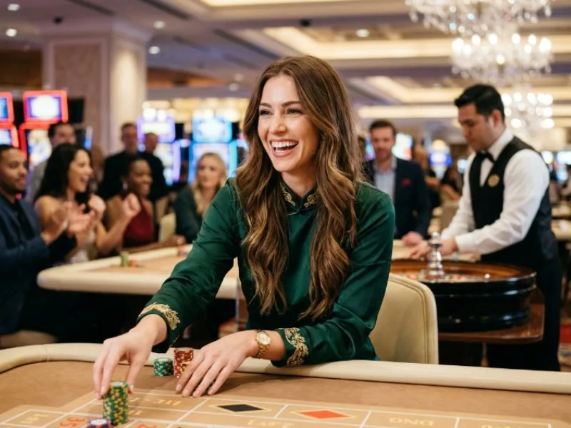 Woman smiling under glowing casino lights with the Manny Pacquiao online casino app