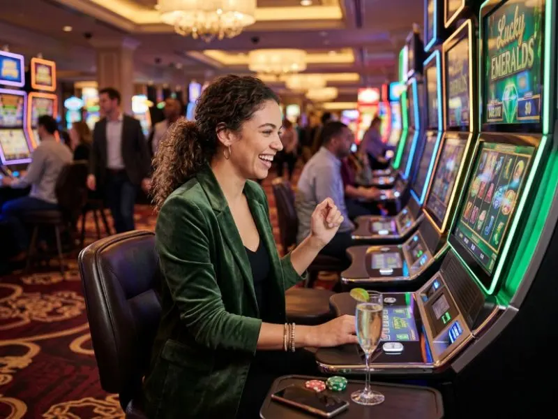 Woman enjoying bright casino slot machines with Manny Pacquiao online game casino