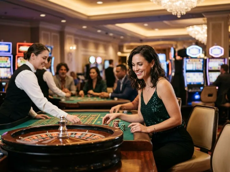 Woman playing roulette at a luxury casino with Manny Pacquiao online game casino