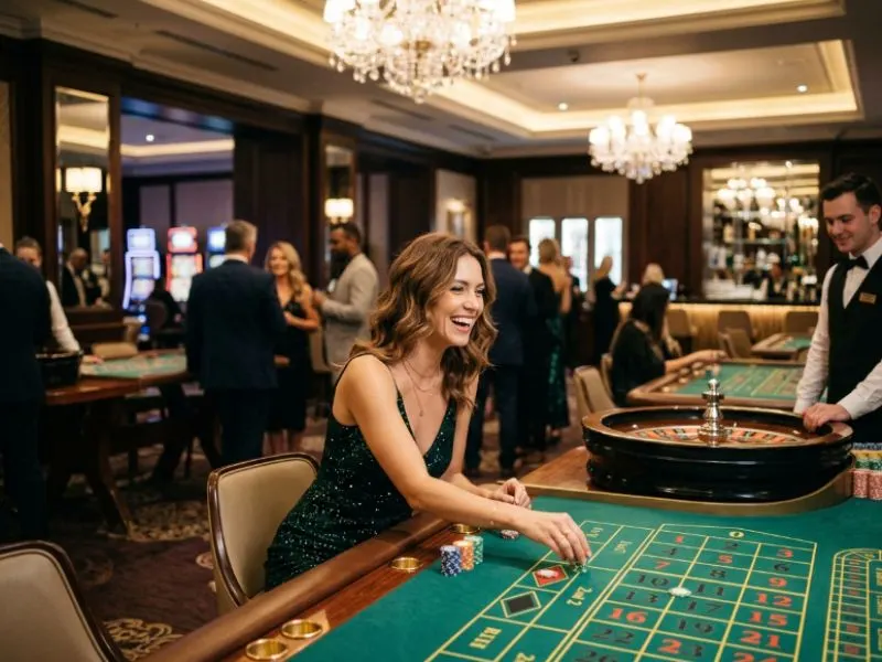 Woman sitting at a glamorous casino table with Manny Pacquiao online game casino