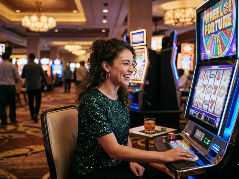 Woman spinning a slot machine reel with Manny Pacquiao online game casino
