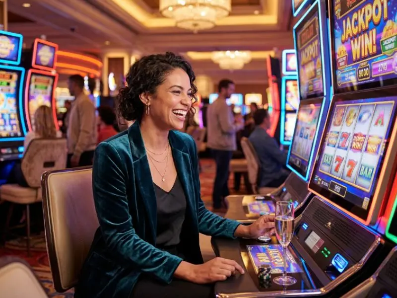 Woman enjoying bright casino slot machines for PHL63 online casino login