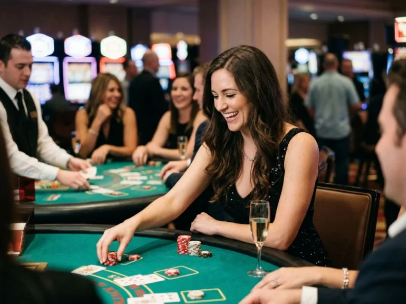Woman enjoying casino nightlife with friends for PHL63 online casino login