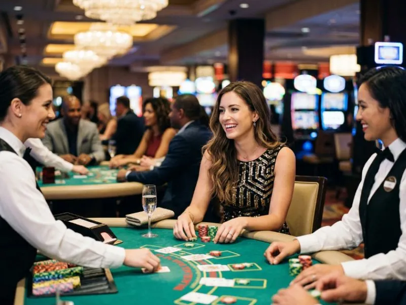 Woman sitting at a glamorous casino table for PHL63 online casino login