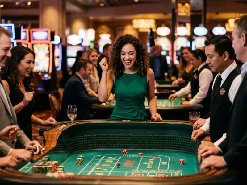 Confident woman laughing with friends at a casino table for PNxbet online casino