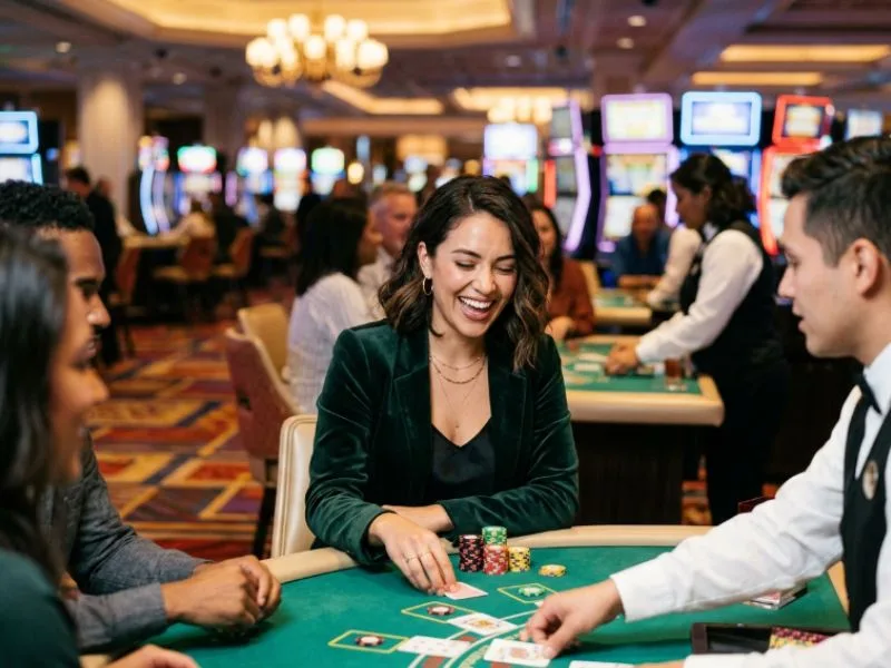 Woman holding winning cards at a casino table with PNxbet online casino