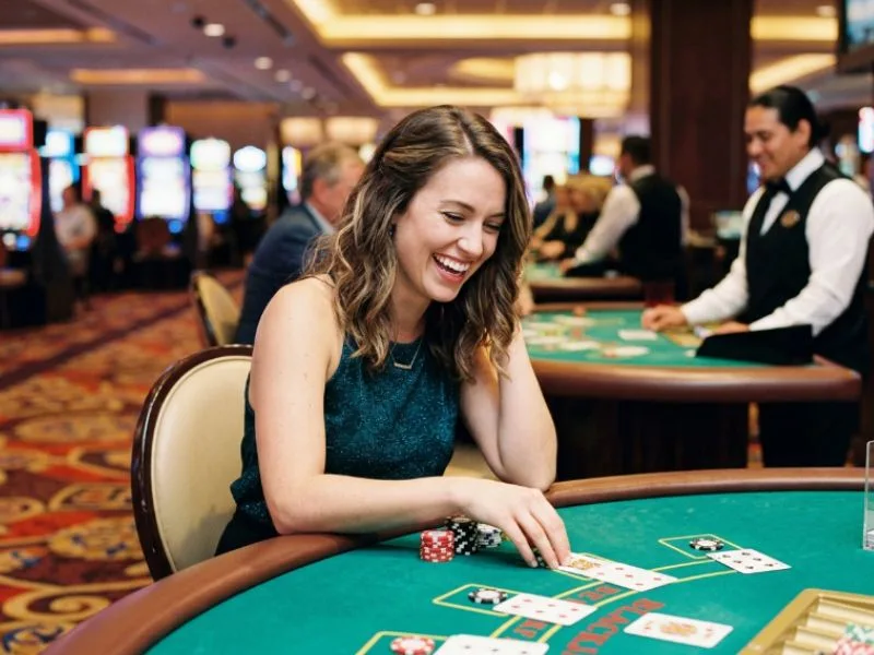 Confident woman playing blackjack with the PNxbet online casino