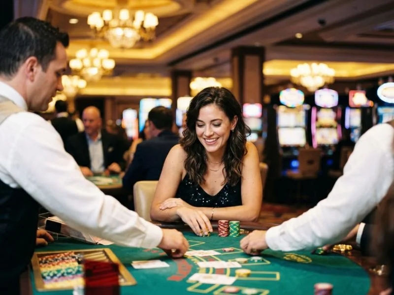 Woman watching the dealer at a blackjack table with PNxbet online casino