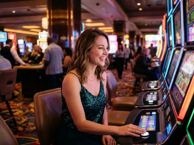 Woman enjoying a colorful slot machine with Star PH online casino login app download APK