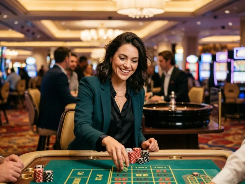 Woman surrounded by sparkling casino lights with Star PH online casino login app download APK