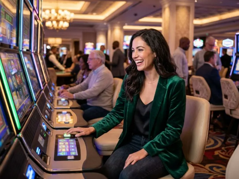 Woman enjoying bright casino slot machines with SW888 online casino