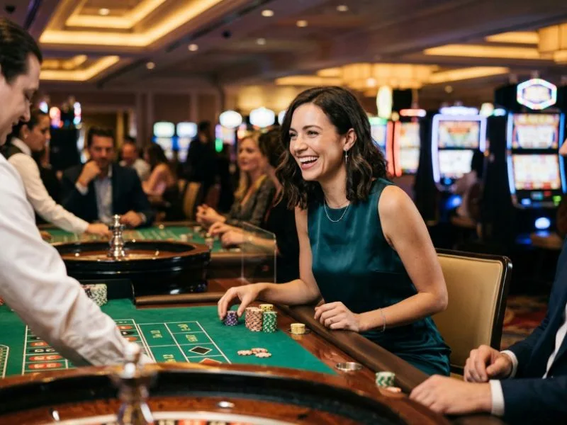 Woman enjoying a glamorous casino atmosphere with SW888 online casino