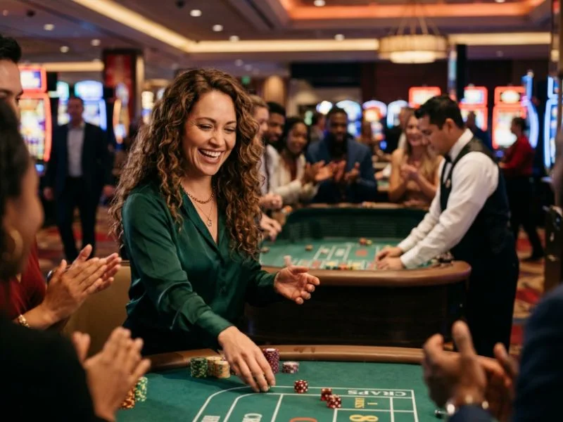 Woman having fun with friends at a casino with SW888 online casino