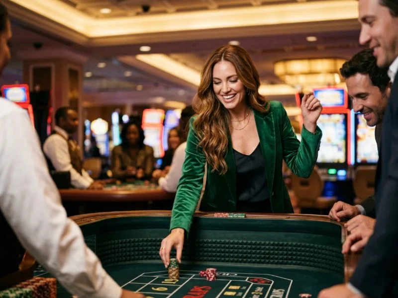 Smiling woman holding casino chips with SW888 online casino